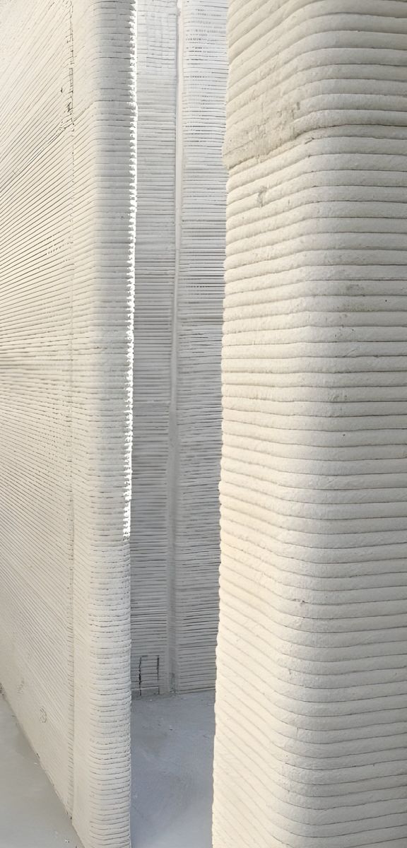 Freshly printed concrete walls, layer lines visible